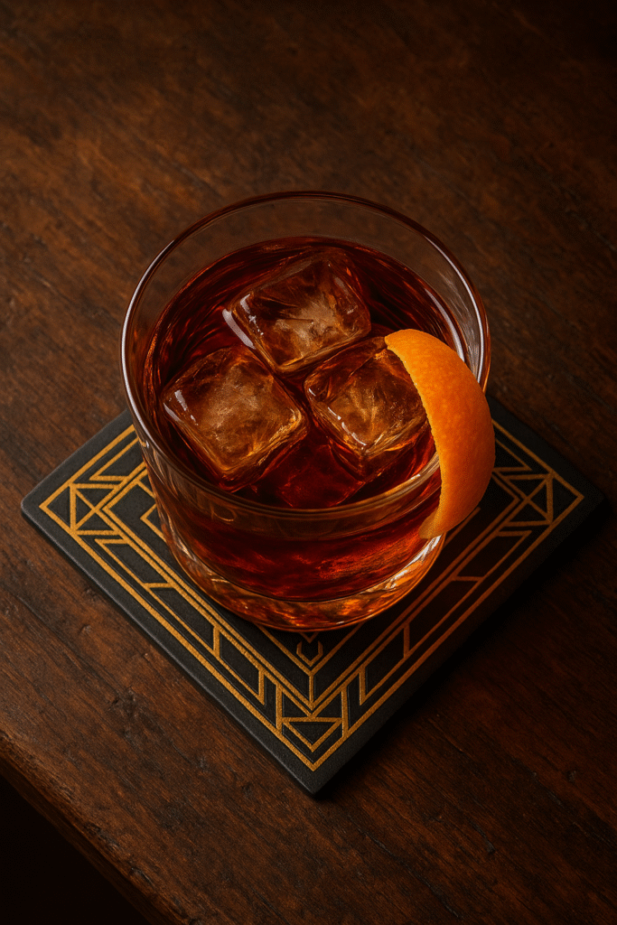 Cocktail Vieux Carré posé sur un sous verre art déco