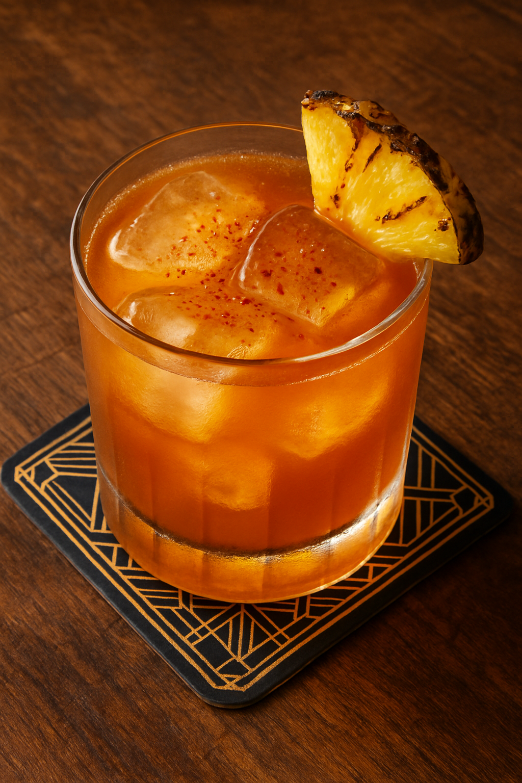 Le Coucher de Soleil Fumé dans un verre old fashioned sur un comptoir