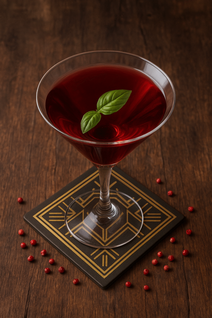 Cocktail Habanero Rubí Verde posé sur un sous verre art déco