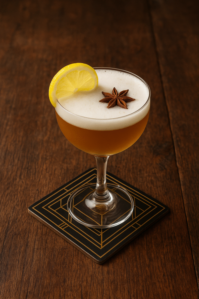 Whiskey sour posé sur un sous verre art déco