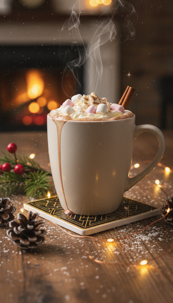 Chocolat Chaud de Grand-Mère sur une table avec un décor hivernale