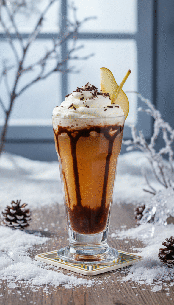 Cocktail poire Belle Hélène sans alcool posé sur une table avec des décorations de noël