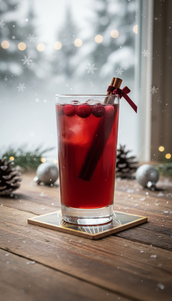 Cocktail Traîneau du Père Noël au rhum épicé posé sur une table avec des décorations de noël