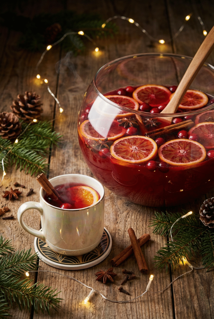 Punch de Noël Familial posé sur une table avec des décorations de noël