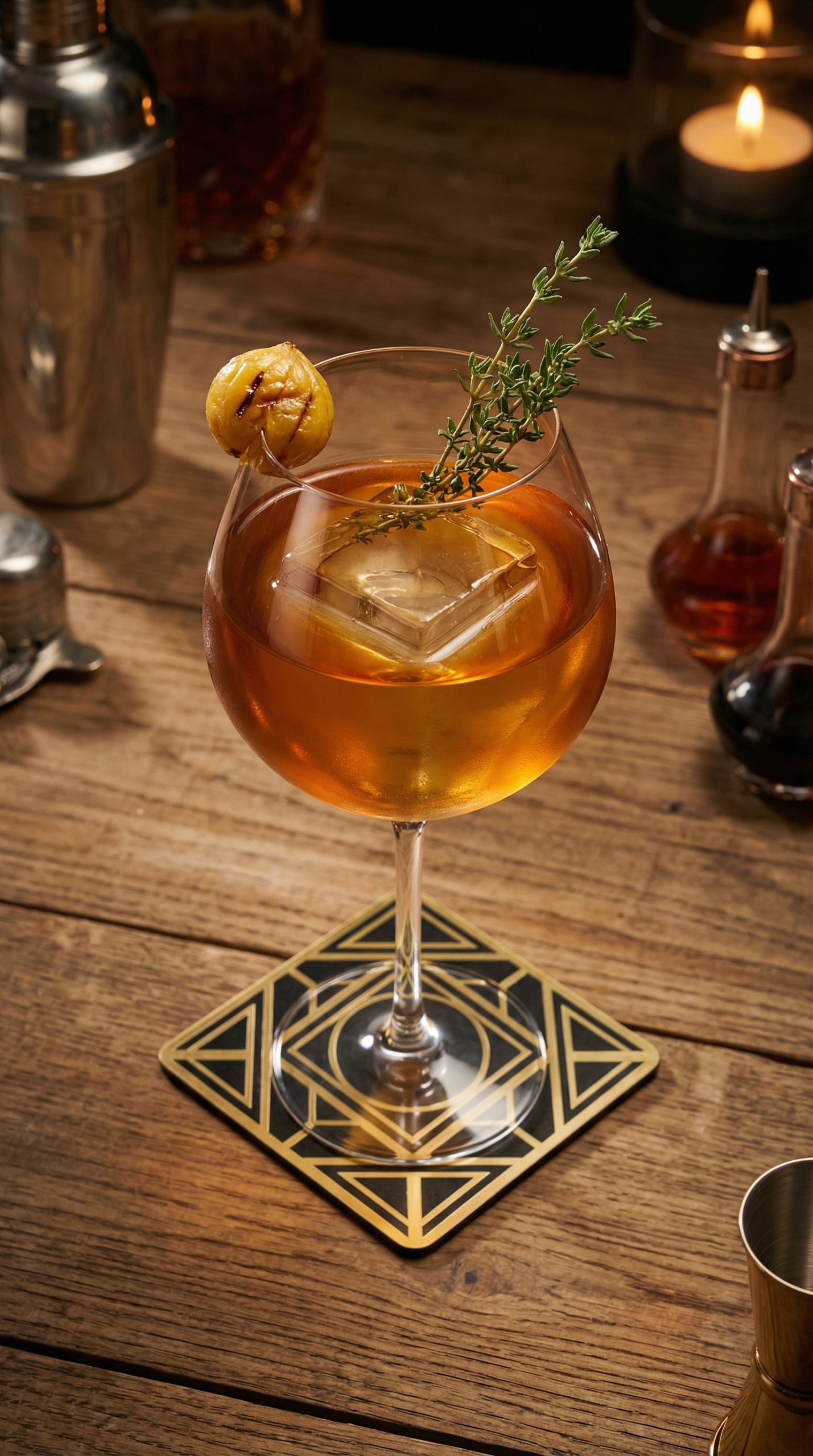 Cocktail foyer ardent cognac, châtaigne et pomme au thym posé sur une table