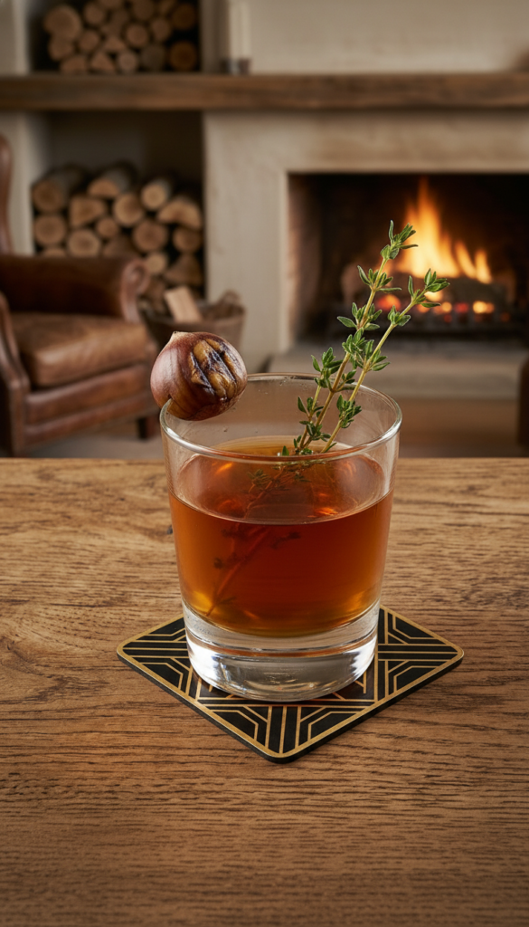 Cocktail foyer ardent cognac, châtaigne et pomme au thym posé sur une table